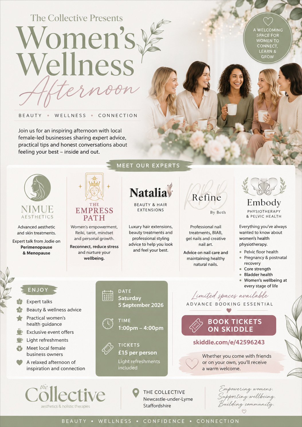 The Collective Presents Women's Wellness Afternoon, Saturday 5 September 2026 from 1pm to 4pm in Newcastle-under-Lyme, with tickets priced at £15 including light refreshments.